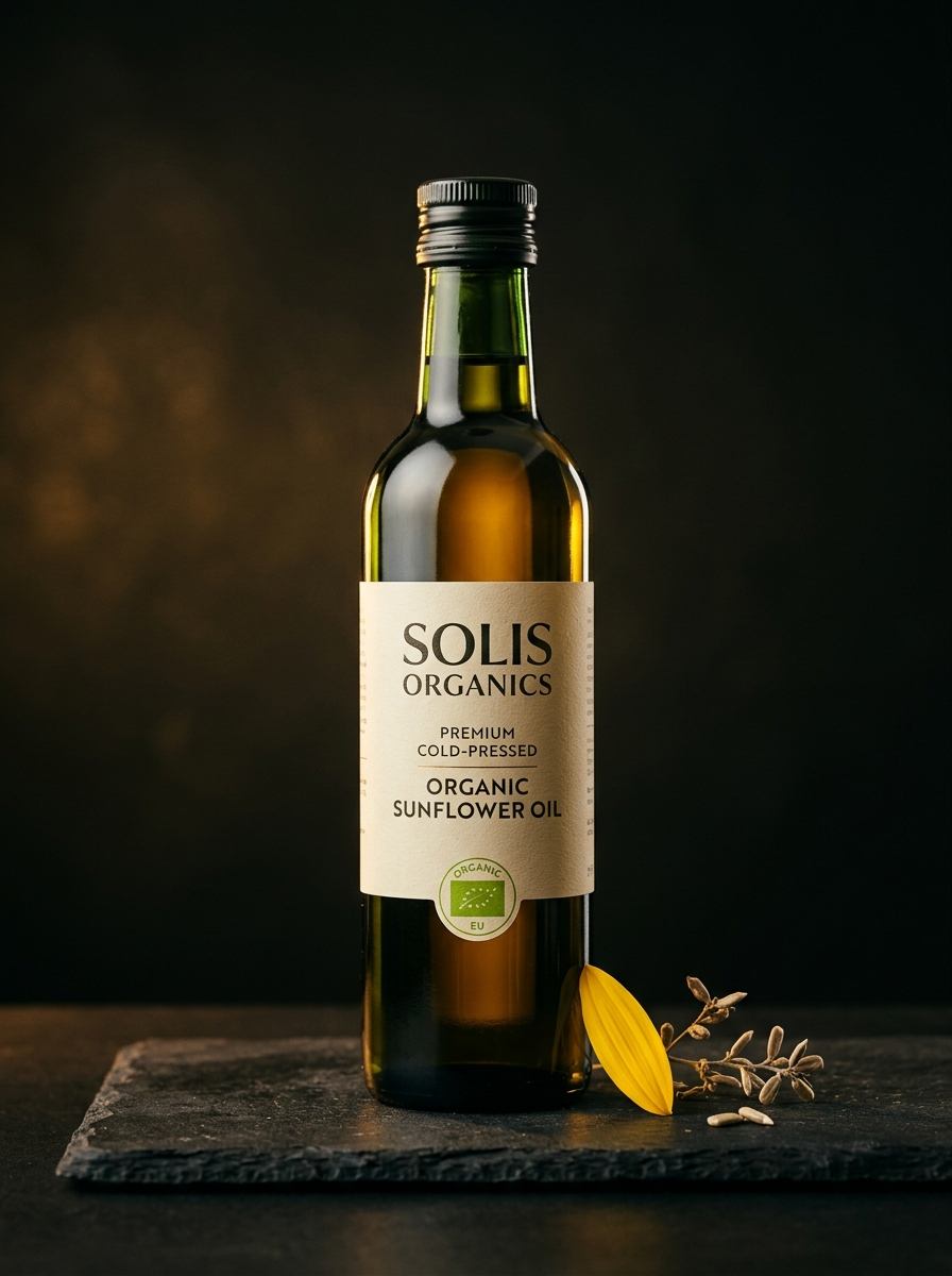Organic sunflower oil dark green bottle with EU organic seal